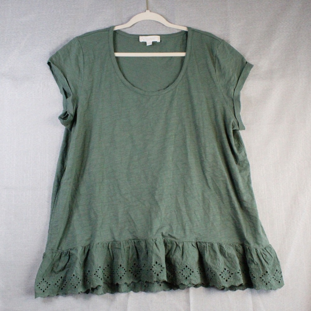 Suzanne Betro Weekend Top 2X Green Eyelet Ruffle Hem Boho Cottagecore T-Shirt